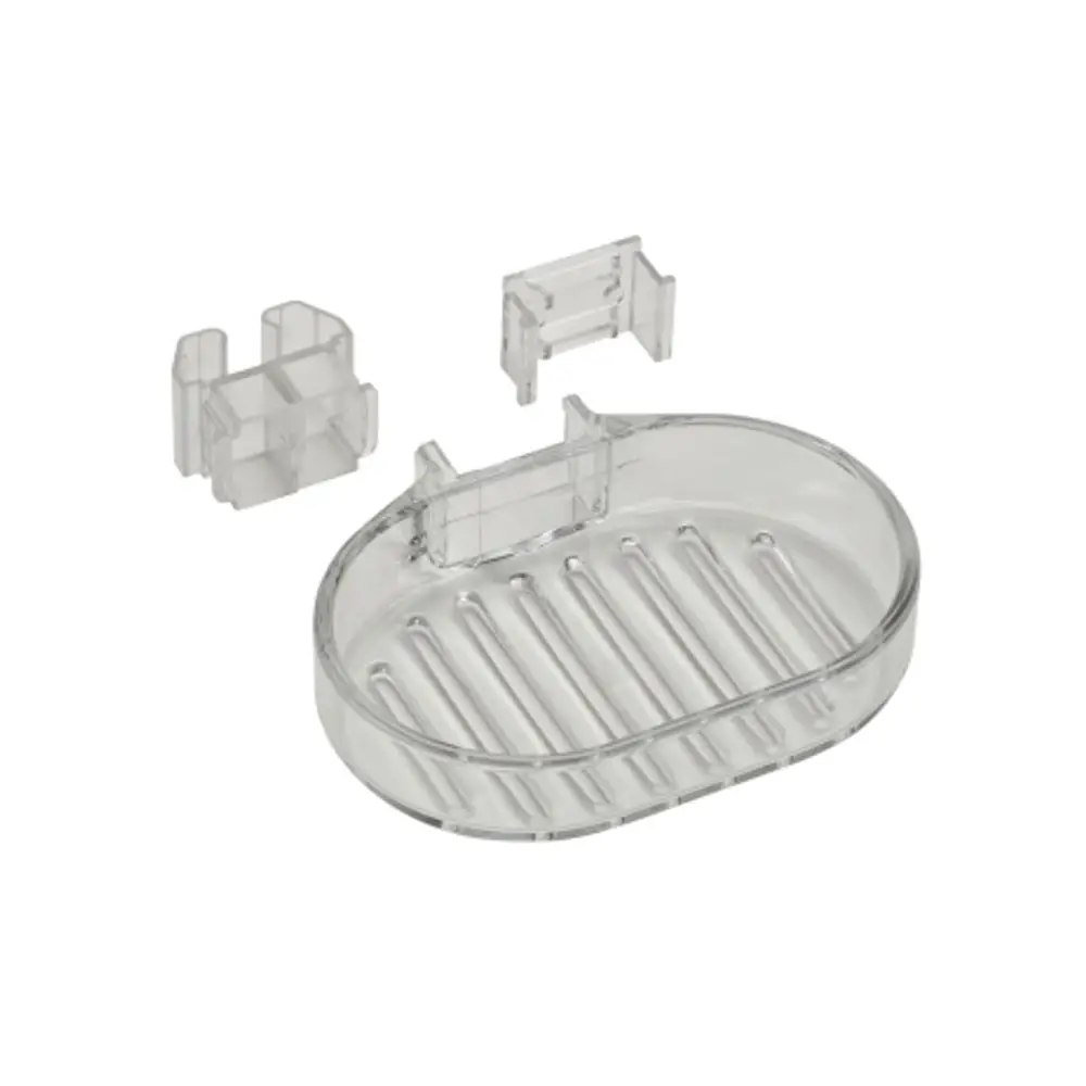 Transparente Seifenschale mit Rillen und abnehmbaren Halterungen, geeignet für die Montage. Produkt von Hansgrohe, funktional und schlicht gestaltet.